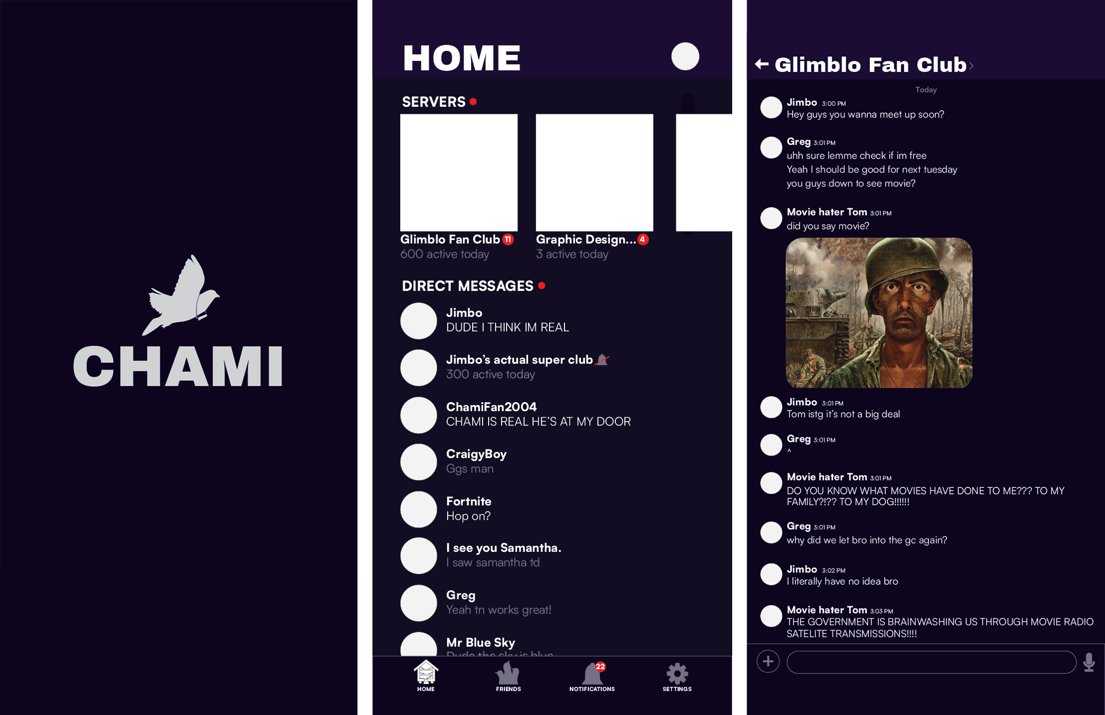 A mockup of the Chami app, consisting of 3 screens. A loading page, the home page and a group chat mockup.