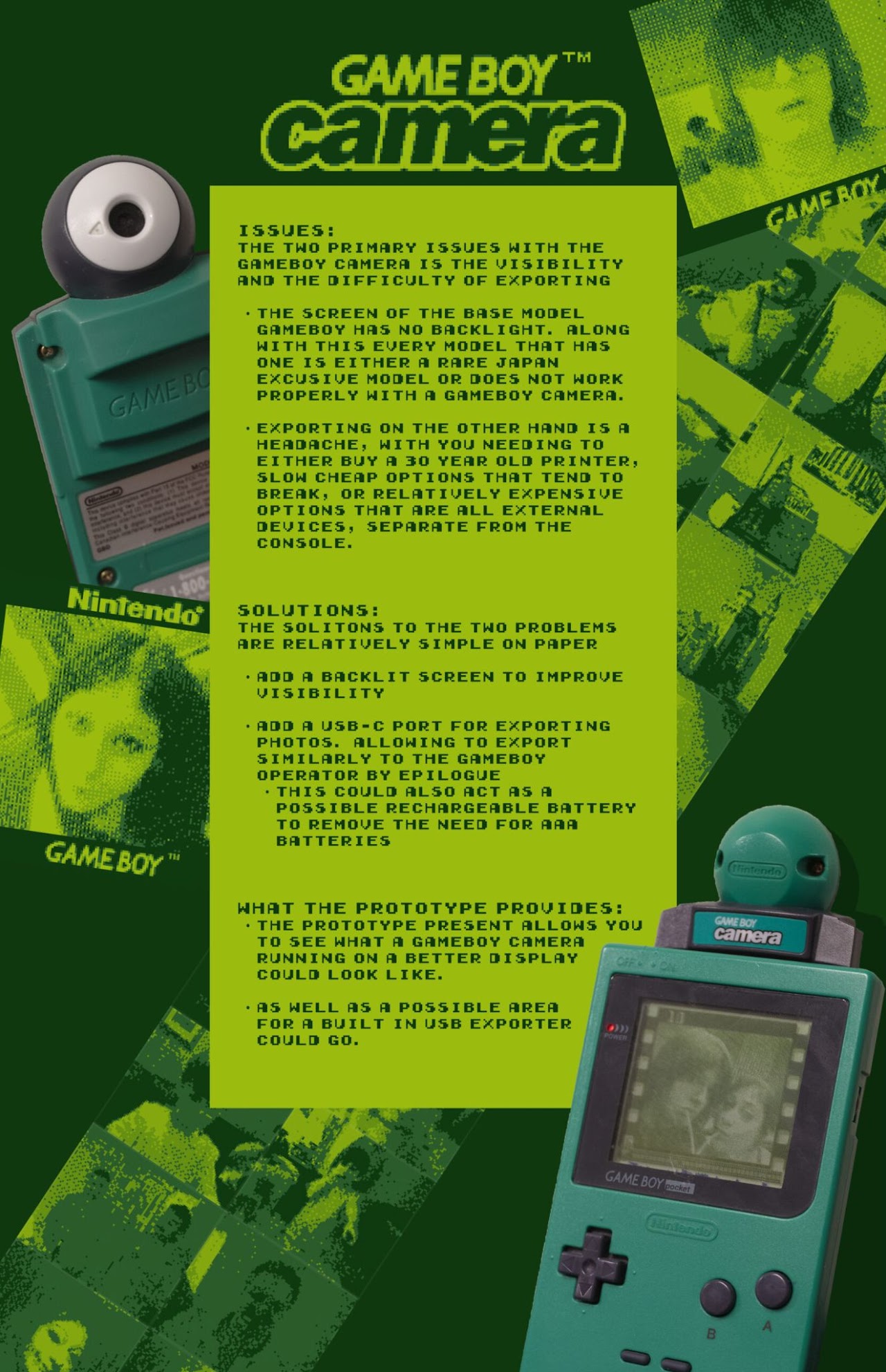 Poster going over the pros and cons of using a gameboy camera.